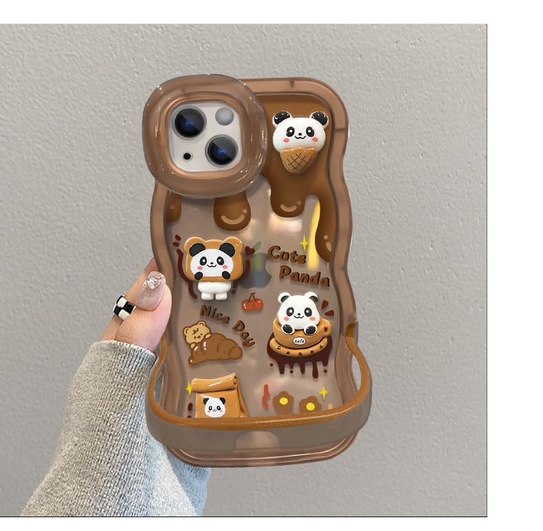 Image of COVERLY 3D Cute Creative Bear Panda Cartoon Chocolate Coffee Decor Wave Curly Edge Invisible Double Phone Stand Holder Hard Happy Doll Cover Girly Charm Case for Apple iPhone 17 (Brown)