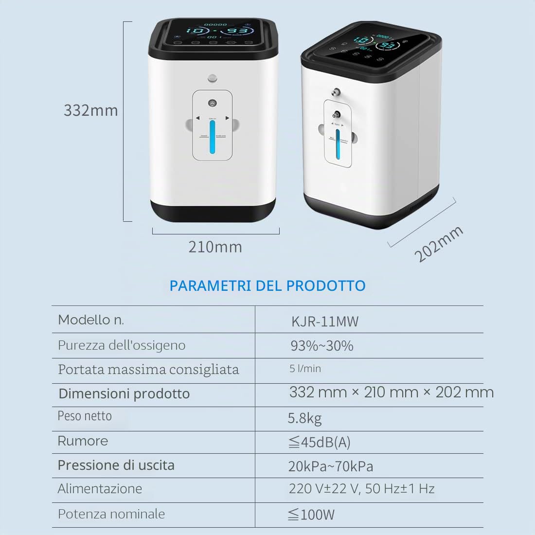 Concentratore di ossigeno, macchina per ossigeno domestico, concentratore di ossigeno domestico ad alta purezza al 93%, regolabile 1-7 l/min, 45 db, silenzioso, con funzione di atomizzazione