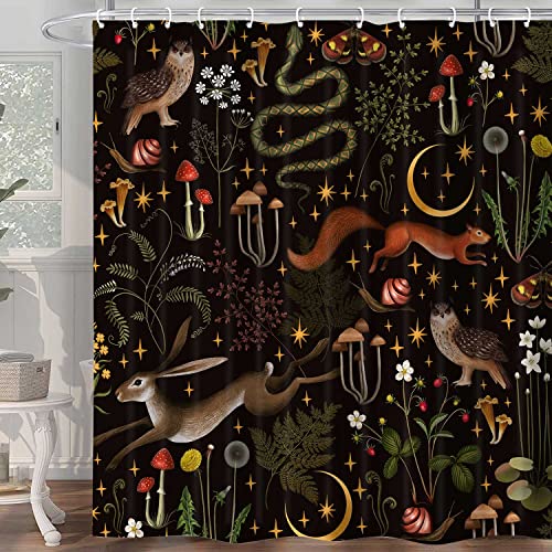 Rustic Fairy Forest Shower Curtain, Country Hunting Woodland Wild Animals Owl Butterfly Mushroom Shower Curtain, Cabin Farmhouse Lodge Bahtroom Accessories Set With Hooks 72X72In #TOP2