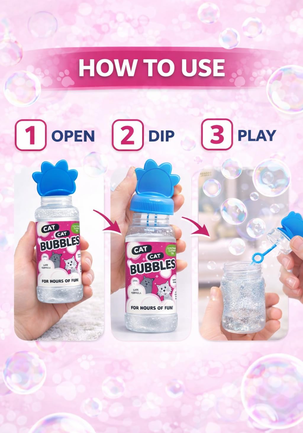 Pet Guru Bolle per gatti con olio di erba gatta, giocattolo sicuro e atossico per gatti, 120 ml, con bacchetta per bolle inclusa, tappo a forma di zampa (2)