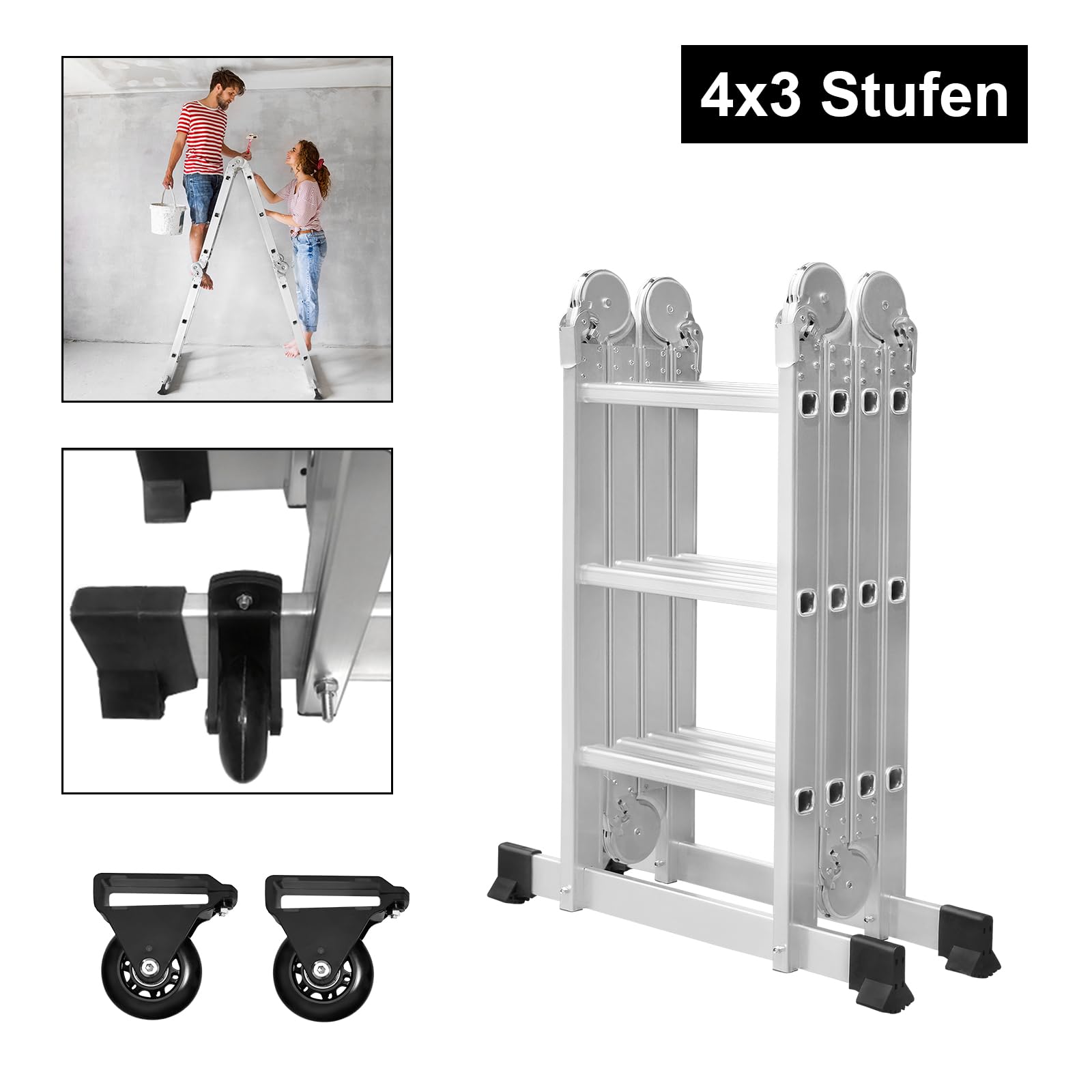 Aufun Échelle télescopique multifonction 6 en 1 en aluminium 4 x 3 marches | Avec plateforme, capacité de charge maximale de 150 kg, échelle coulissante, échelle pliante avec plaques d'échafaudage