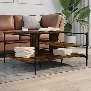 Smoked Oak Engineered Wood Coffee Table, Powder-Coated Steel Legs, Modern Square Design, 39.4" x 39.4" for Living Room, Brown Finish, Indoor Use