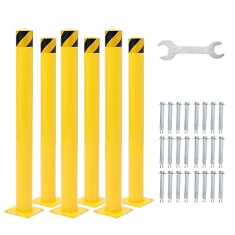 6 Pack Safety Bollards, Steel Safety Bollard with 4.5 Inch Diameter, Yellow Steel Pipe Safety Bollard Post with 24 Anchor Bolts, Steel Safety Bollard for Traffic-Sensitive Area