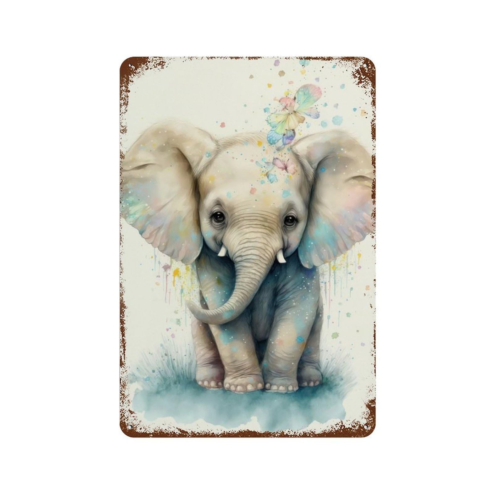Funny Little Elephant 11.8"x7.9" Weathered Tin Sign, Shabby Chic Decor for Farmhouse, Kitchen And Entryway Decor