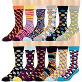 Men's Cotton Blend Socks, Fun and Funky Patterns and Colors -12 Pack- by Zeke Fun Times Shoe size 6-12