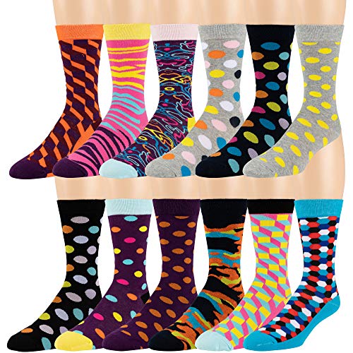 Men's Cotton Blend Socks, Fun and Funky Patterns and Colors -12 Pack- by Zeke Fun Times Shoe size 6-12