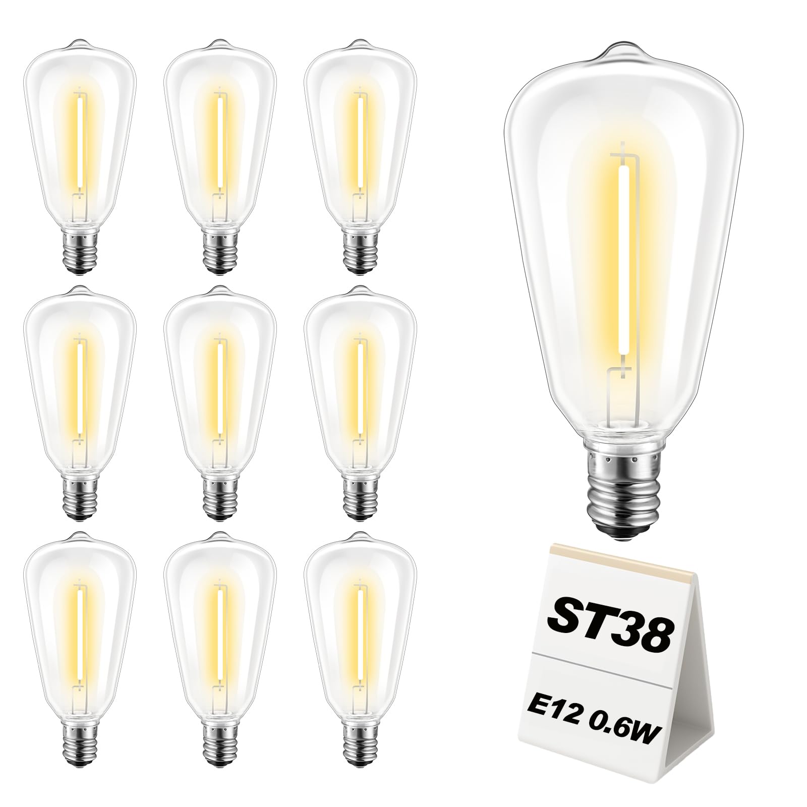 ST38 LED-Ersatzlampen, bruchsicher, dimmbar, Vintage-Edison-Glühbirnen, 0,6 W, E12-Sockel, 2700 K, Warmweiß, für schnelle Lichterkette, Reparatur, kleine Terrassen und DIY-Projekte, 10 Stück