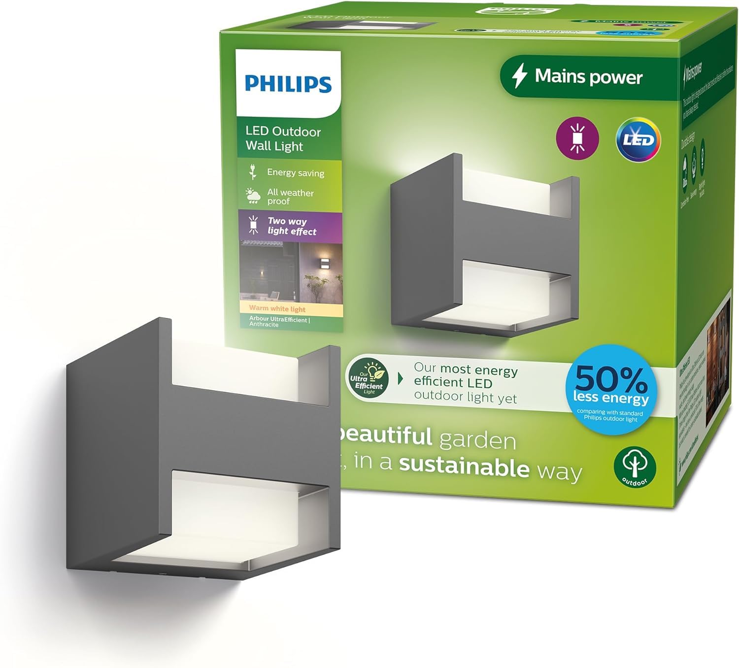 Philips Arbor UltraEfficient, Applique murale extérieure haut/bas 3,8 W, 2700 K, antracite, IP44 résistante aux intempéries