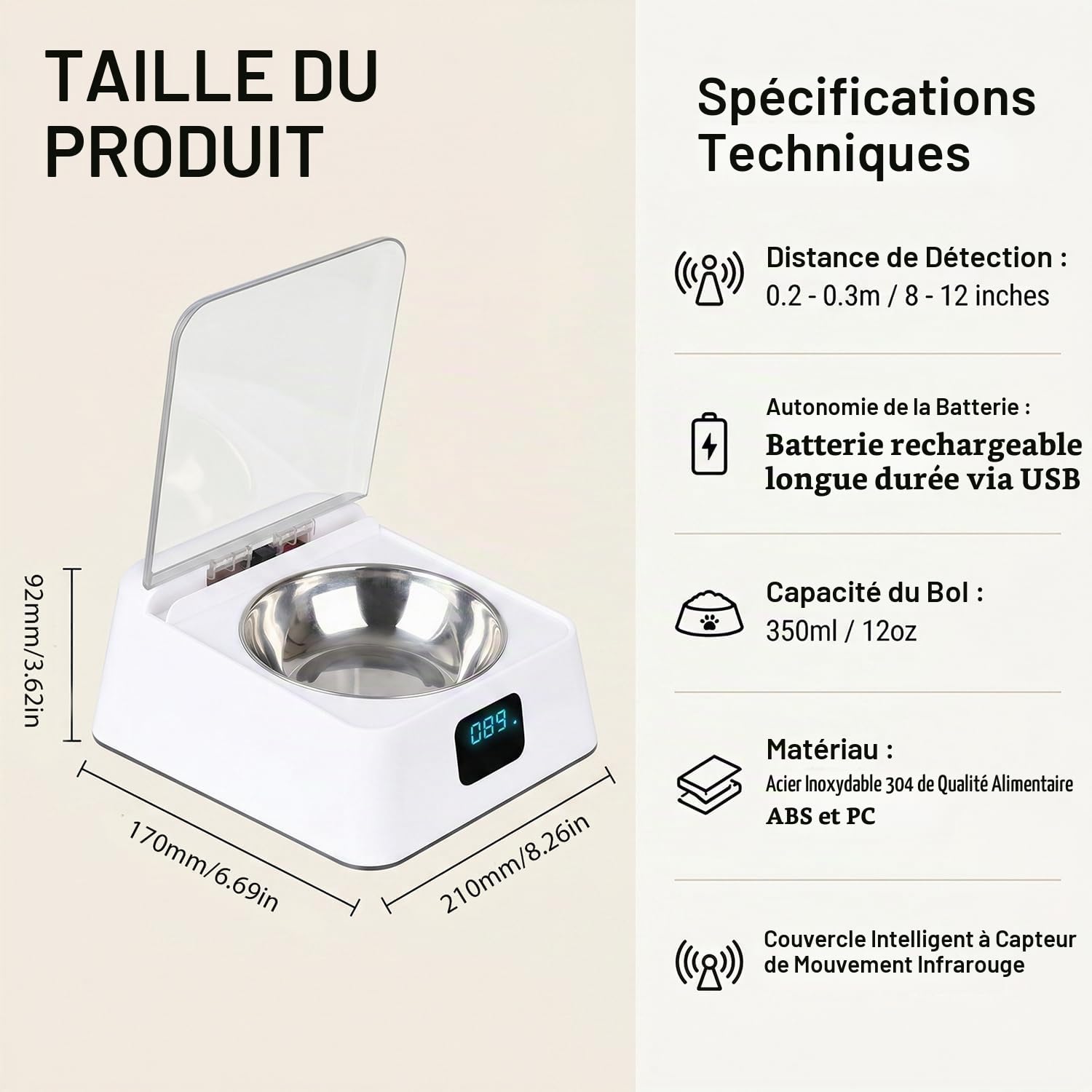 Mangeoire automatique pour chats, 350 ml, avec capteur infrarouge, gamelle automatique avec couvercle à charnière, pour chiens et chats de petite et moyenne taille, pour nourriture humide et sèche