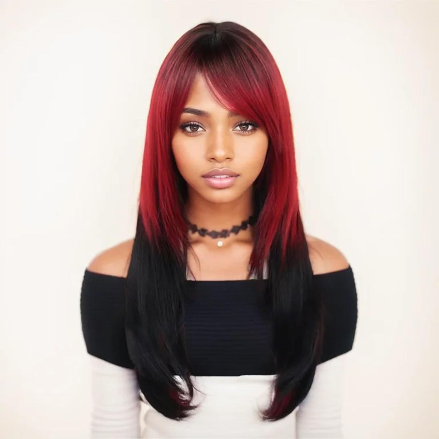 GNIMEGIL Two Tone Red and Black Wigs for Women 26 inch Long Straight Synthetic Wig Drag Queen Roleplay Cosplay Goth Wig Halloween Costume Party