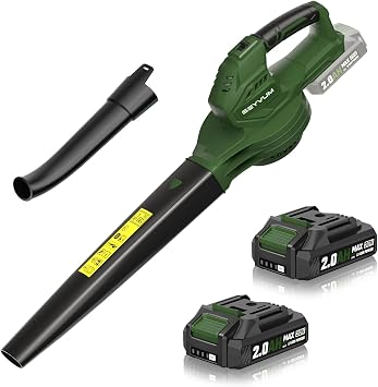 SEYVUM Leaf Blower 20V Cordless, with 2 x 2.0Ah Battery, 350 CFM 150 MPH | 15000 RPM, for Patio Cleaning, Fast Charger Included, Dark Green