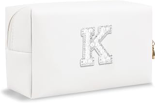 Bride Gifts – Personalized Initial Makeup Bag with Pearl Rhinestone Patch, Preppy White Monogram Cosmetic/Toiletry Pouch, bridesmaid Gifts, Bridal Shower Gifts, Wedding Gifts, Bridal Gifts,K