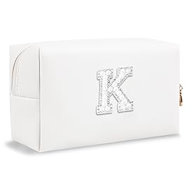 Bride Gifts - Personalized Initial Makeup Bag with Pearl Rhinestone Patch, Preppy White Monogram Cosmetic/Toiletry Pouch, bridesmaid Gifts, Bridal Shower Gifts, Wedding Gifts, Bridal Gifts,K