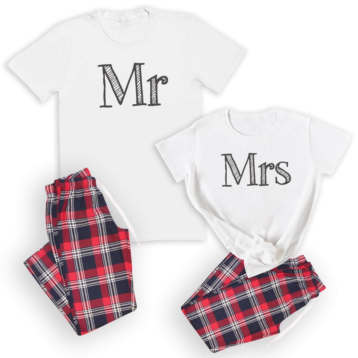 The Gift Project Mr & Mrs - Couples Matching Pyjamas - Top & Tartan PJ Bottoms - (Sold Separately) Black