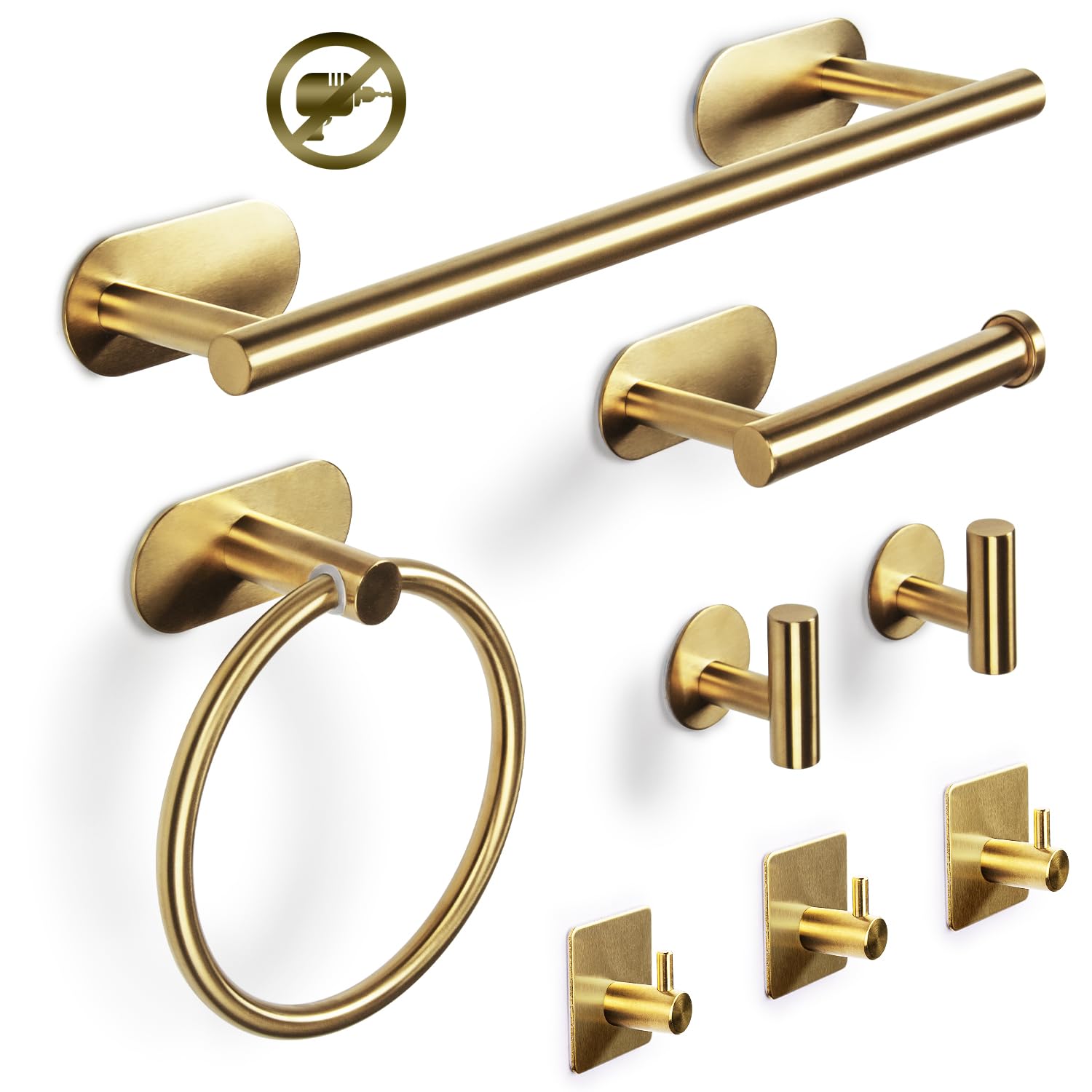 Set Porta Asciugamano 8 Pezzi Portasciugamani Porta Carta Igienica Anello Asciugamano 5 Gancio Set da Bagno Autoadesivo in Acciaio Inox Porta Asciugamani Appeso a Parete Bagno Cucina(Oro)