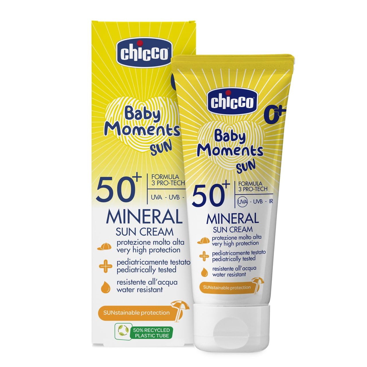 Chicco Crema Solar Mineral SPF 50 +, para Bebés, Resistente al Agua, Excelente Protección contra UVA, UVB e Infrarrojos, 0 Meses +, 75 ml