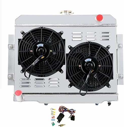 Radiador CC583 compatible con Jeep CJ5 CJ6 CJ7 1972-1986 y Scrambler AT/MT 1981-1985, radiador de aluminio completo de 4 filas + 2 ventiladores de