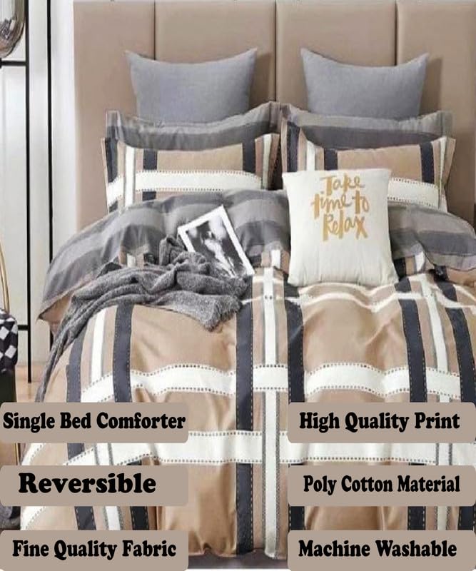 Image of Polycotton Polyester Polyfill 120 GSM Reversible Single Bed Comforter, Blanket, Queen (60x90 inch) Grey & Cream
