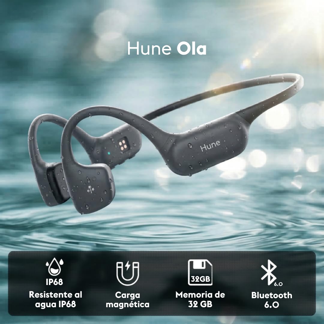 HUNE Ola - Cuffie a conduzione ossea, IP68, per nuoto e corsa, Bluetooth 6, orecchio aperto, autonomia 9h, ricarica rapida, memoria da 32 GB, plastica riciclata