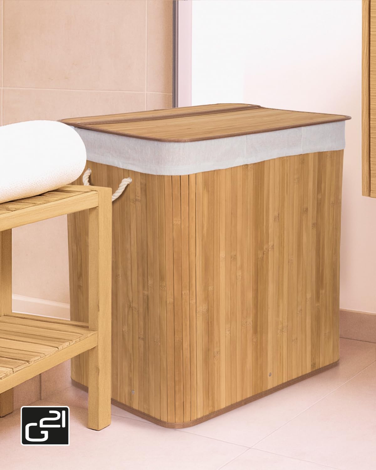 Cesto portabiancheria G21 150 L con divisori in bambù con cestello bianco