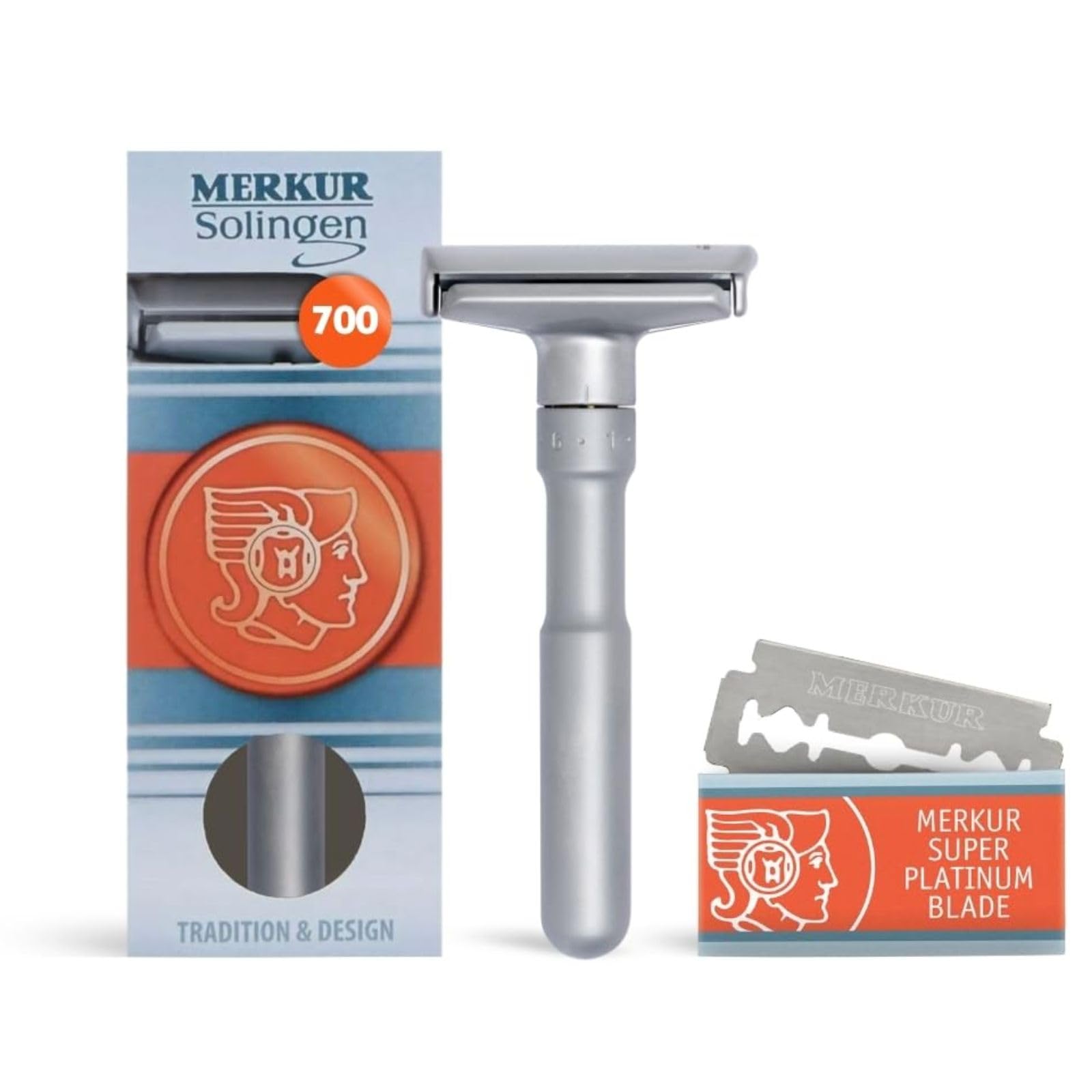 MERKURFUTUR 700 Adjustable Double Edge Safety Razor - Matte Chrome, Adjustable Razor With Dial, Made in Germany, Plastic-Free, Snap-On Cap Design, Straight Bar
