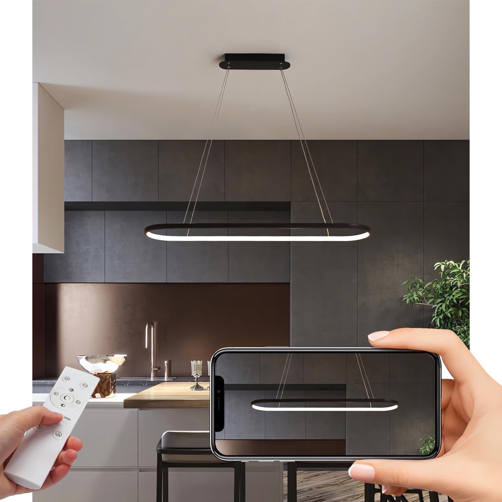 LED restaurant pendant light Oval dimmable pendant light with remote control Height-adjustable pendant light with memory function for restaurant kitchen study livingroom office bar (black, 70cm)