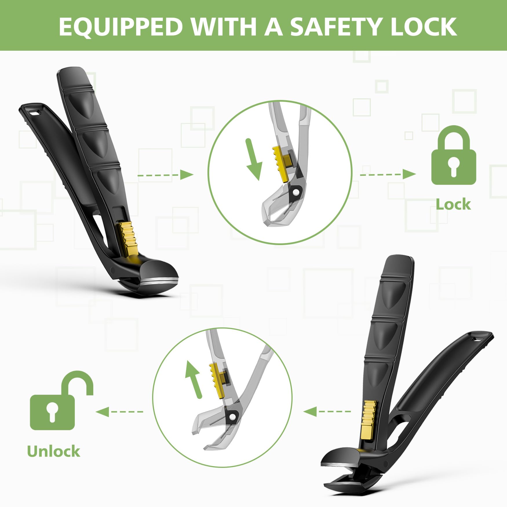 BALUCA Cortaúñas ergonómico para personas mayores, cortaúñas para uñas gruesas de los pies y las manos, cortaúñas de mango largo con recogedor (negro, mediano con diseño de bloqueo)