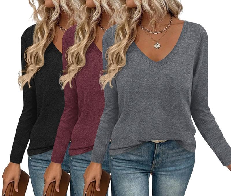 Ekouaer 3 Pack Long Sleeve Shirts for Women V Neck T Shirt Fall Casual Tops Basic Base Layer Undershirts Tees 2025 S-XXL