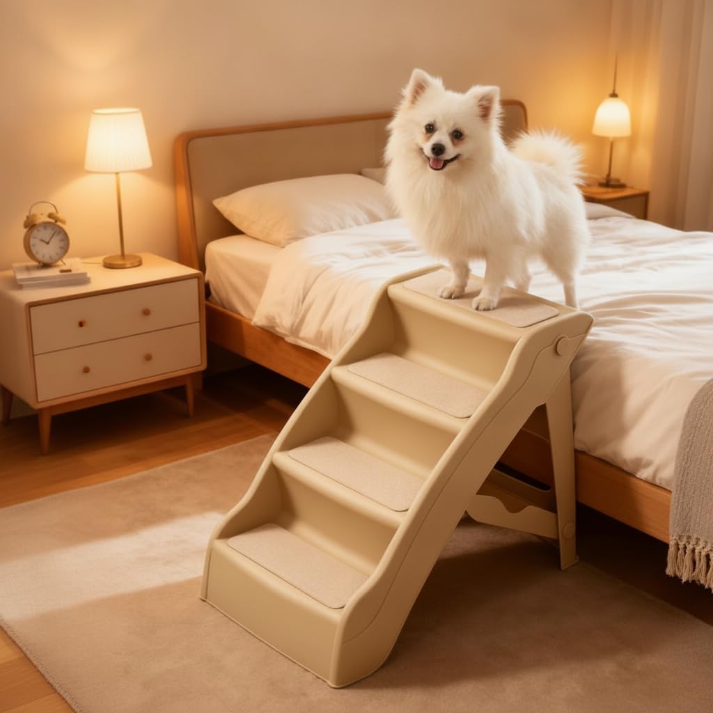 Rampa per Animali Domestici con Gradini Antiscivolo in Plastica Rinforsata Struttura Triangolare Stabile Piegevole E Portatile per Divano Letto Auto, Beige, Rinforzato e ispessito