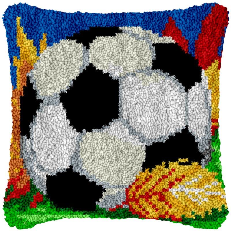 Football Soccer Latch Hook Kits Pillow Cover for Beginner Color Printed Canvas Yarn Crocheting Cushion DIY Hook and Latch Pillowcase Sofa Decoration 43x43cm