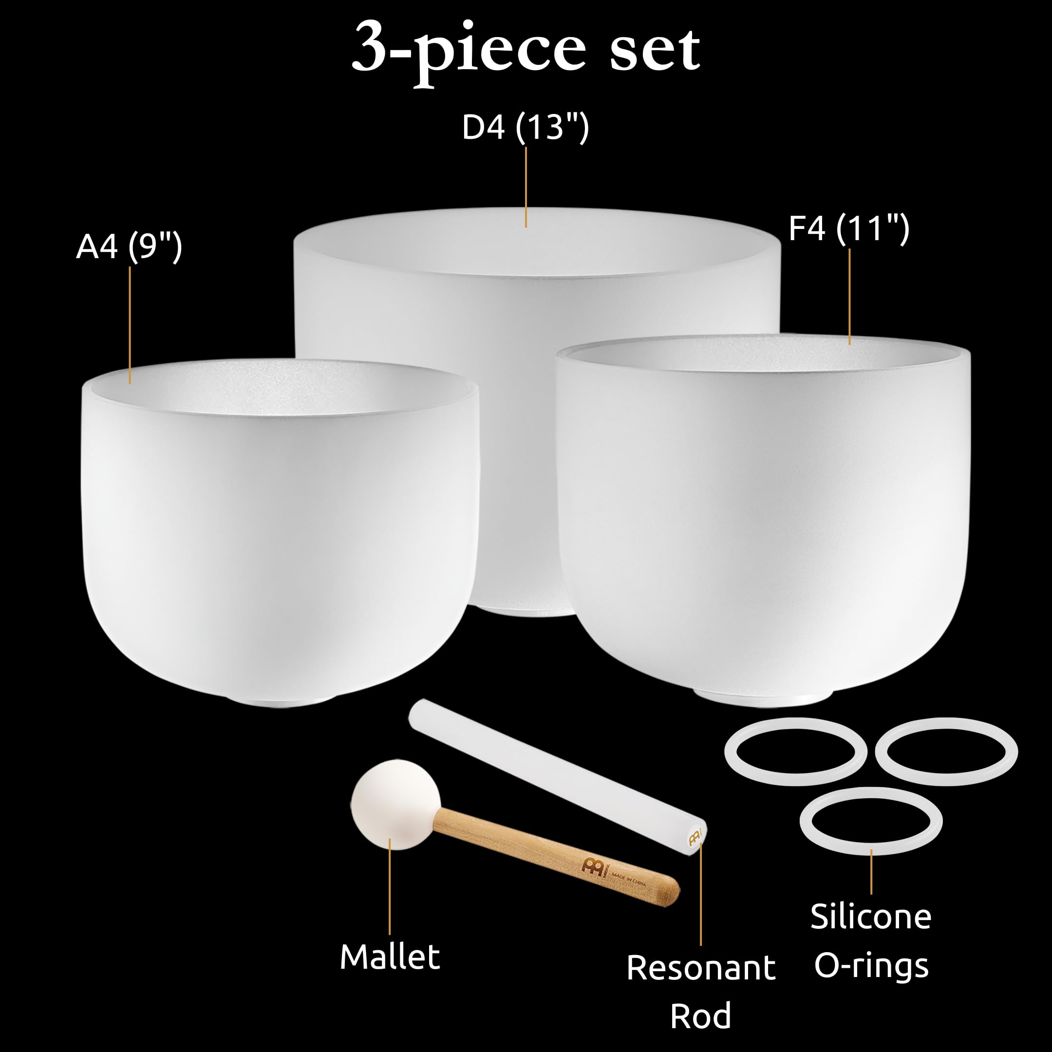 Sonic Energy Set di 3 campane tibetane in cristallo, 432 Hz, tono A4/F4/D4, per meditazione, yoga, guarigione del suono, include 2 bacchette e anelli in silicone (CSBSETAFD)