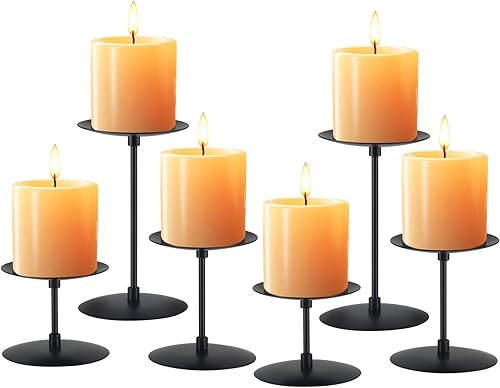 Juego de 6 portavelas, soporte de vela de pilar de metal para mesa, boda, fiesta, evento, cumpleaños, aniversario (negro)