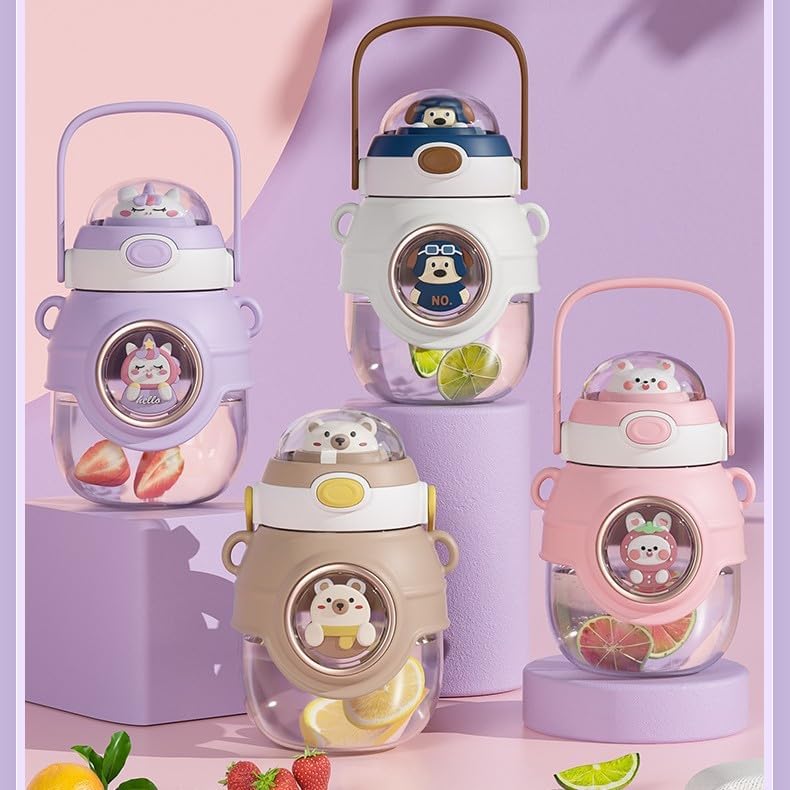 Miniatura 2 de Botellas de agua de 37.2 fl oz con popote y correa, bonitas botellas de agua de plástico de dibujos animados, a prueba de fugas, para niñas,