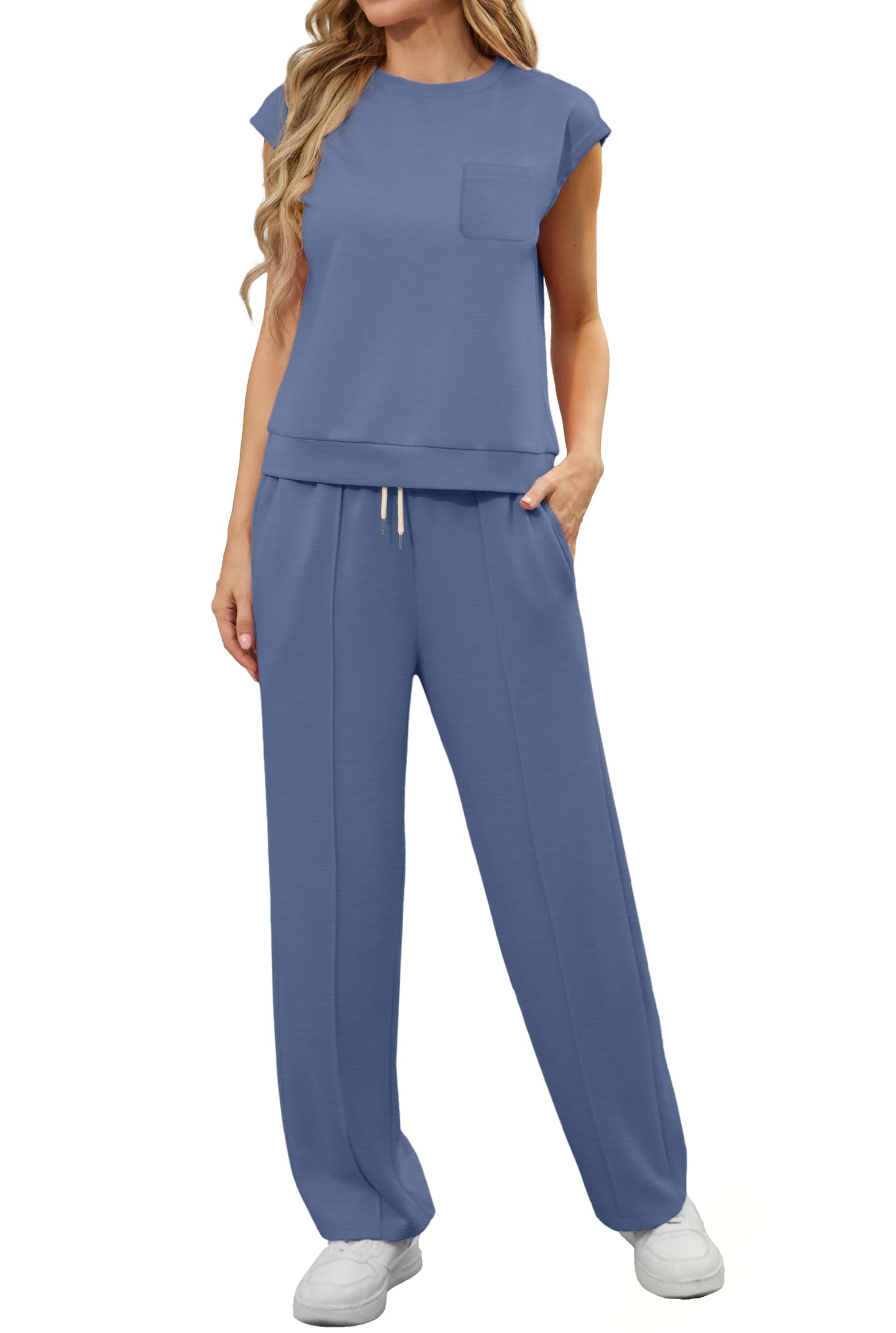 GRECERELLE Zweiteiler Trainingsanzug Damen Sommer Outfits Tracksuit Kurzarm Lässige Crew Neck Cap Sleeve Tops und Jogginghosen Trainingsanzüge mit Taschen