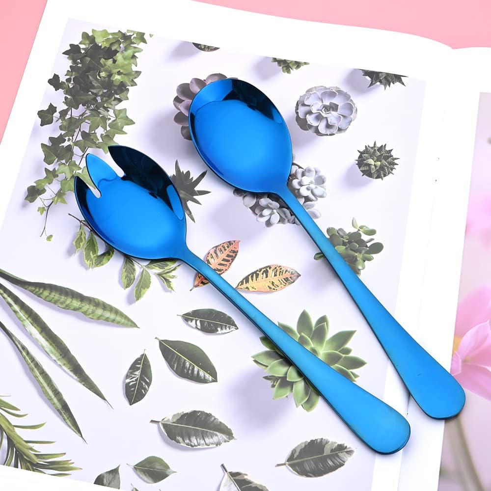 Gugrida Blue Silverware Service Set 11pcs, 304 Stainless Steel Cutlery Serving Set with Luxury Blue Titanium Coating,Serving Spoons,Kitchen Serving Utensil,Rust Prevention,(11pcs Mirror)