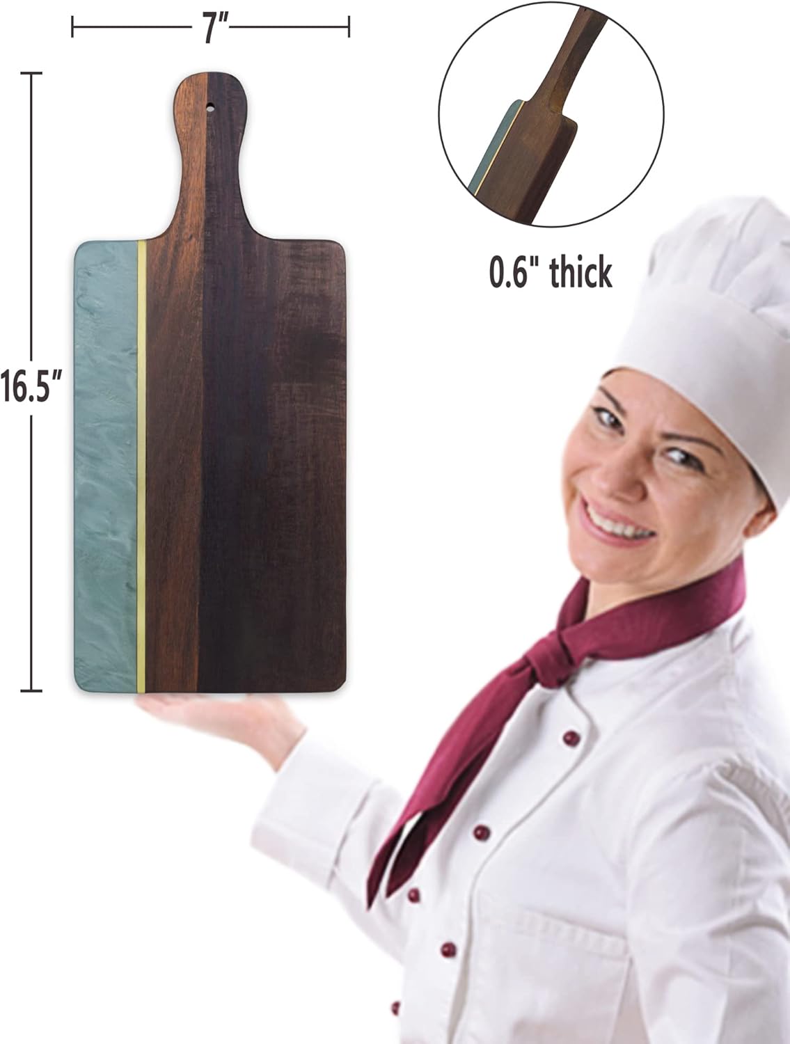 Condition photo showing New/Like New for cutting board with marble and wood, 16.5”x 7” cheese board with handle,serving board for bread, cheese, meat, fruits, and vegetables, charcuterie boards for kitchen as serving trays
