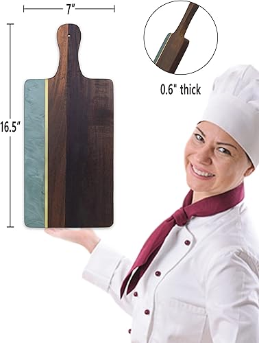 Miniatura 2 de Tabla de cortar con mármol y madera, tabla de queso de 16.5 x 7 pulgadas con asa, tabla de servir para pan, queso, carne, frutas y verduras, tablas