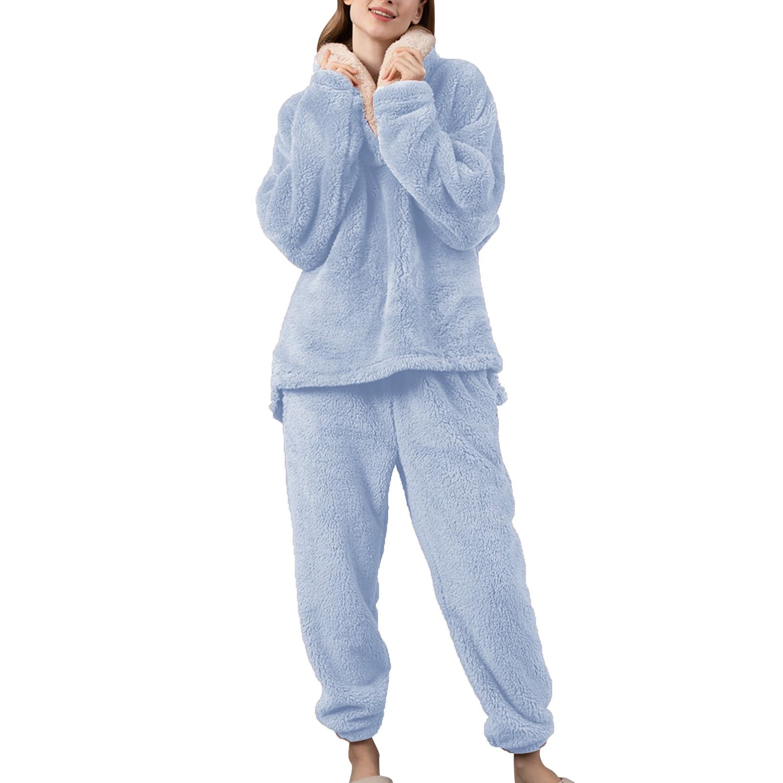 Pigiama da donna in pile a maniche lunghe con cappuccio e pantaloni da