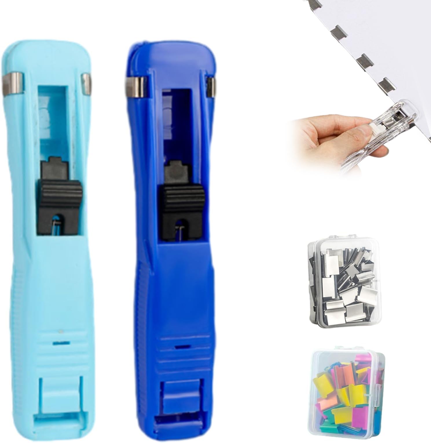 Portable Binder Clip Stapler, Includes 100 Reusable Clips, Refillable Office Stapler Set, Mini Push Stapler Clamp Staplers, Handheld Paper Clam Clip Dispenser Large Size (Blue Light Blue)