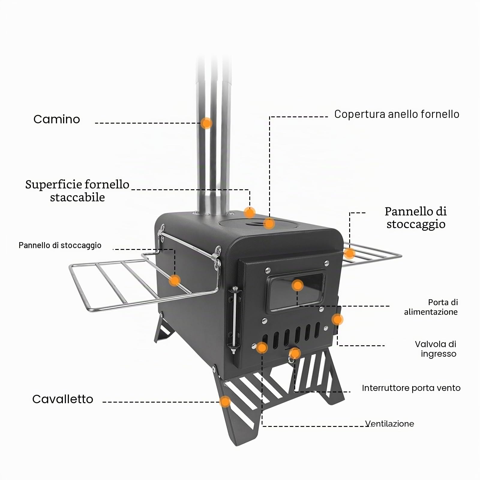 Fornello da campeggio per tenda, dimensioni estese: 54 x 28 x 35 cm, stufa a legna portatile da esterno con tubi per caminetto in acciaio inox, piccolo e confortevole per la cucina