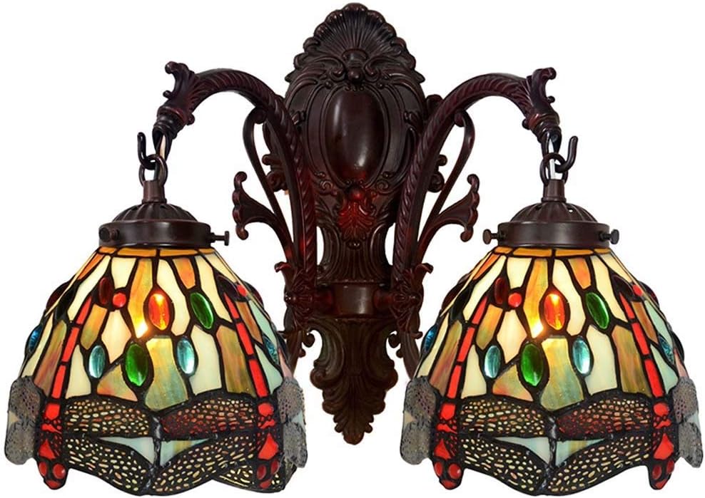 Tiffany Style Dragonfly Wall Light，Multicolor Glass Shade Wall Sconce Lamp ，E27-2 Light Metal Base Bathroom Mirror Lights，Double Head Wall Lighting Fixtures for Living Room Bedroom