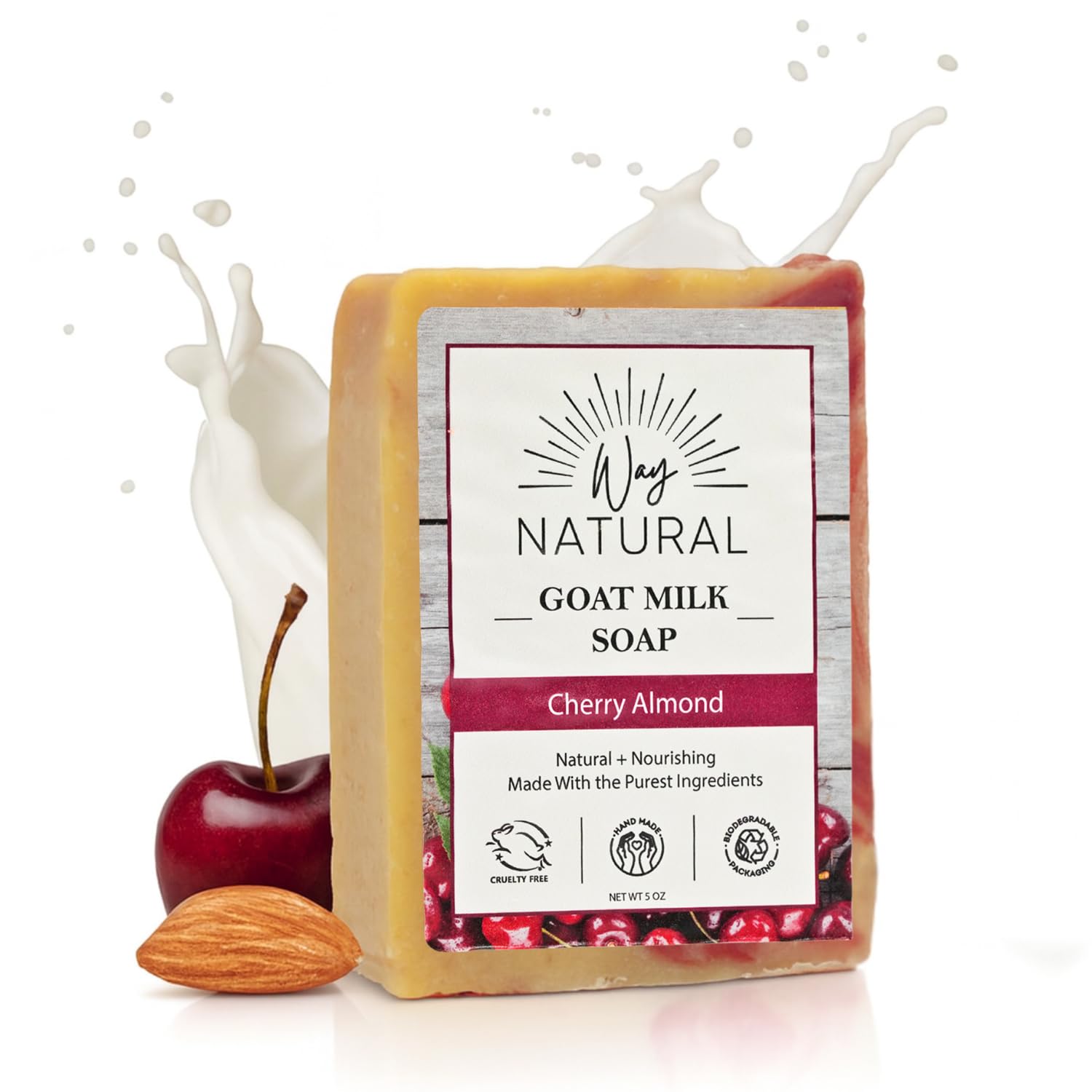 Goat Milk Soap Bar, Cherry Almond - Premium, Handmade w/Real Milk in USA - Hand & Body Goat Soap - Dry Skin, Gentle, No Dyes - (1 Large, 5oz)