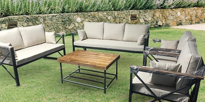 طقم جلسة خارجية لون القماش ابيض لون الحديد اسود الطقم مكون من - كنبة ثلاثي 200cmx76cmx90cm كنبة شخصين 154cmx76cmx90cm 2 مفرد 84cmx76cmx90cm طاولة 100cmx70cmx45cm M_2057