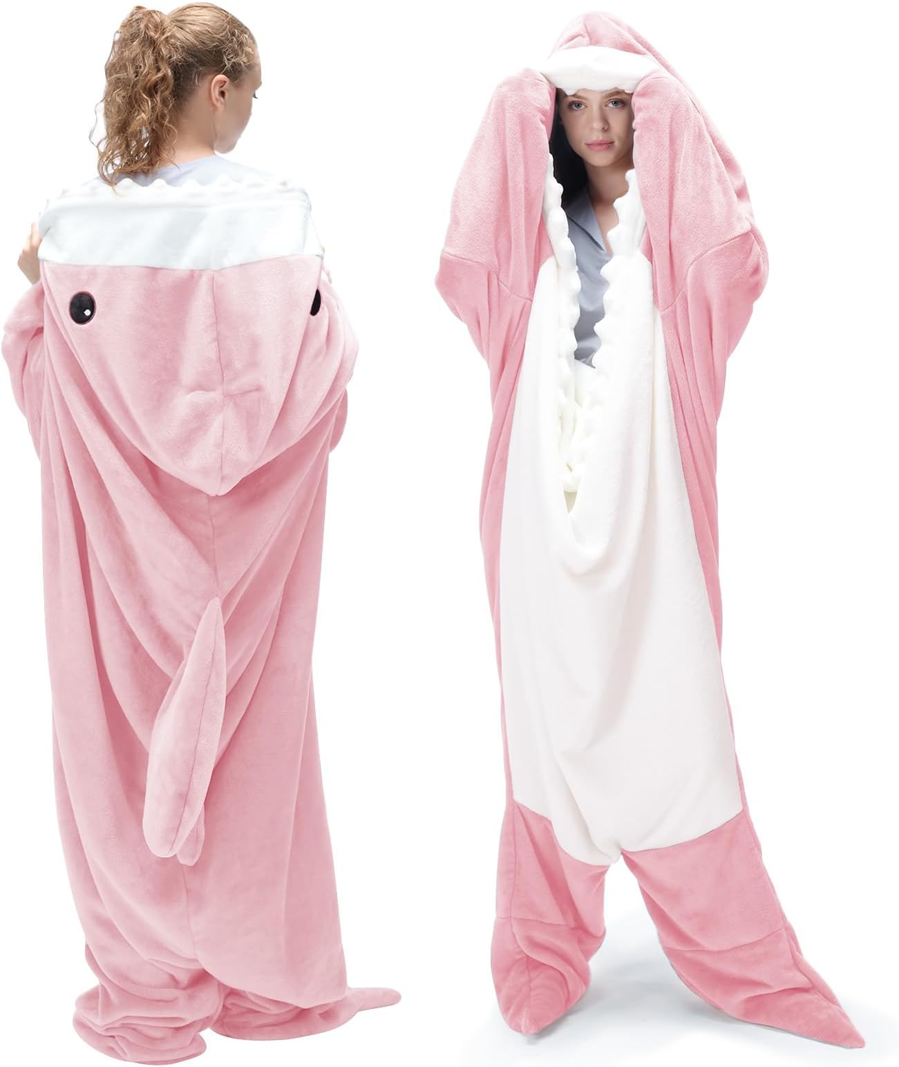 Touchat Shark Blanket Hoodie Onesie, Wearable Blankets Hoodie Adult, Warm Flannel Throw Blanket Tail Sleeping Bag, Cartoon Costume Shark Onesie Funny Gifts for Adults (Pink,M)