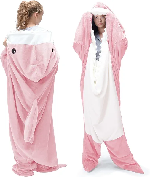 Touchat Shark Blanket Onesie for Adult - Super Soft Cozy Flannel Throw Wearable Hoodie, Cartoon Animals, Sleeping Bag Cosplay Costume - Gifts for Shark Lovers (Pink, XL)