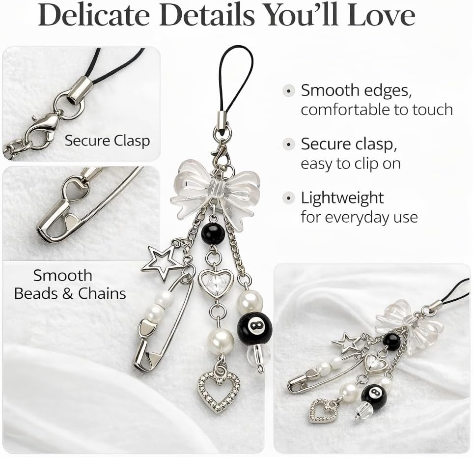 Cute Y2K Phone Charm with 8 Ball, Bow,Star & Pearl Beads, Black and White Aesthetic Phone Strap Lanyard Kawaii Keychain Gift for Women Girls
