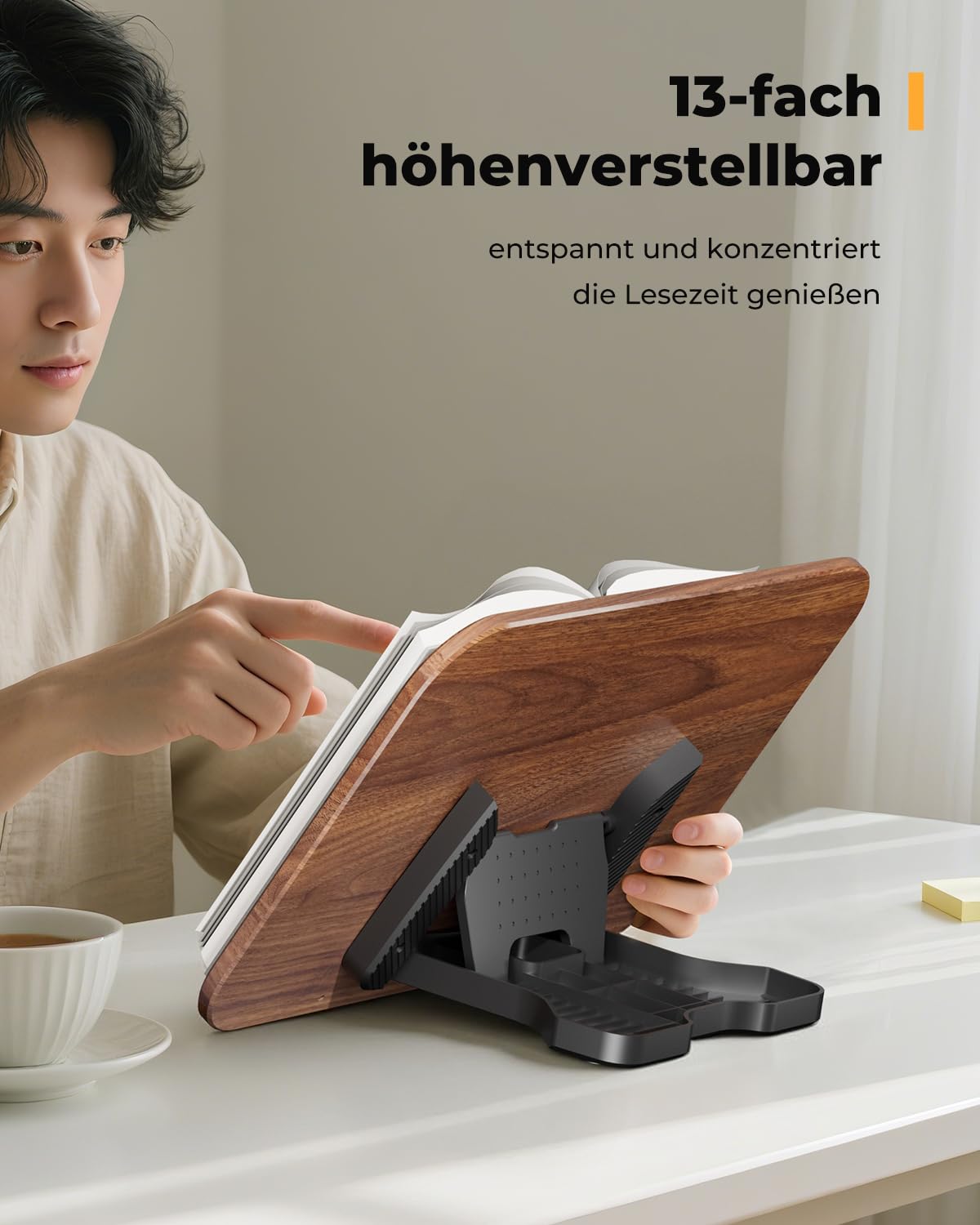 SupeDesk Buchständer, verstellbarer Holz-Buchhalter Leseständer, faltbarer Book Stand mit buchschonender Silikon-Seitenclip, langlebiger Kochbuchhalter, Präsentationsständer für Schule, Büro, Küche