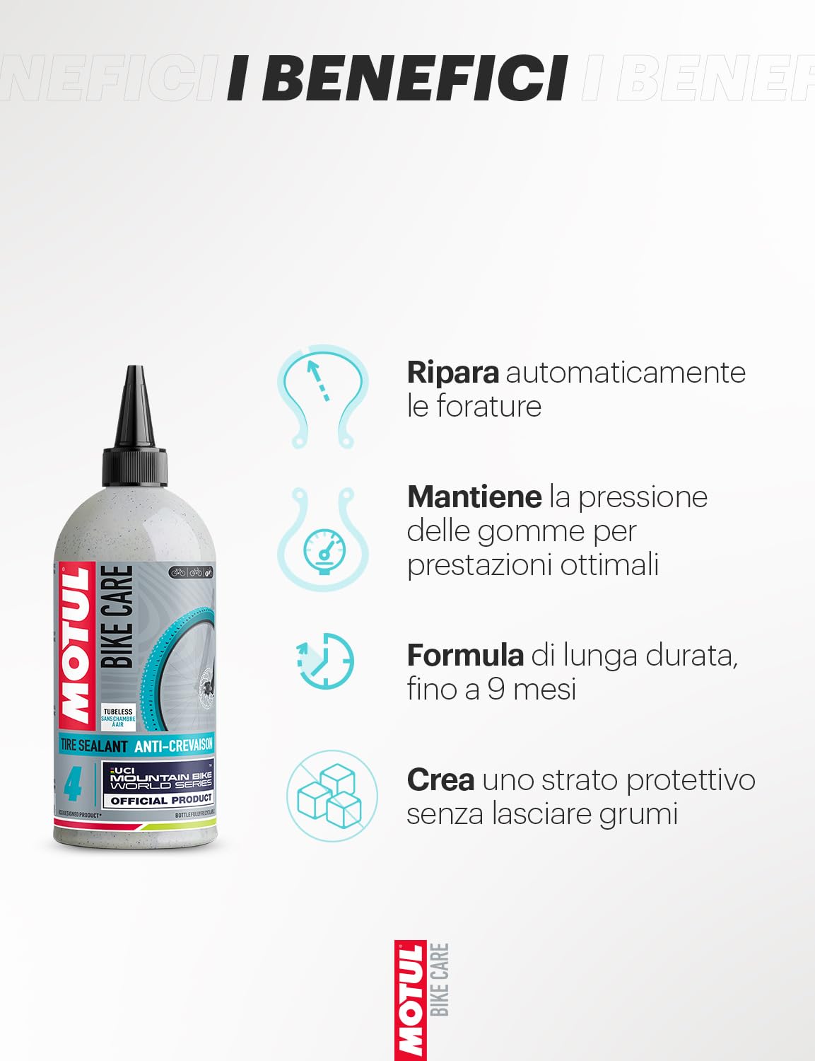 Motul - Liquido Preventivo Antiforatura per Biciclette MTB Tubeless - Gomme Senza Camera d’Aria - Fori Piccoli e Medi - Compatibile con MTB Elettriche - Bike Care Tire Sealant Off Road - 500 ml