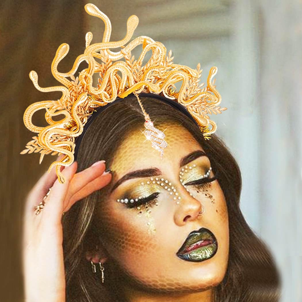 Zoestar Medusa Snake Headband Gold Leaf Greek Goddess Headpiece Rhinestone Snake Pendant Headdress Festival Costume Hair Accessories for Women - Image 3