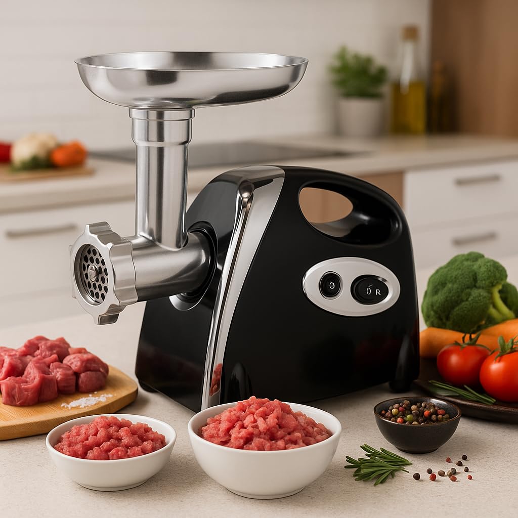 MAXELLPOWER Picadora de Carne 1200W Profesional con 3 Discos de Corte, Cuchillas Inox, Función Reversa, Accesorios para Salchichas, Bandeja Metálica Extraíble, Cabezal Desmontable, (NEGRO)